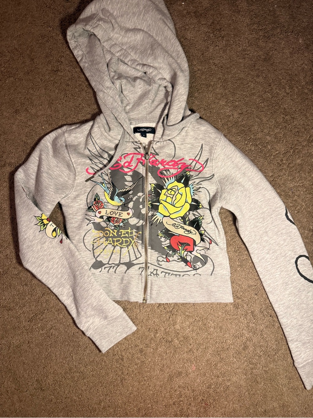 Ed Hardy Light Gray Zip-Front Hoodie with Tattoo Rose Artwork
